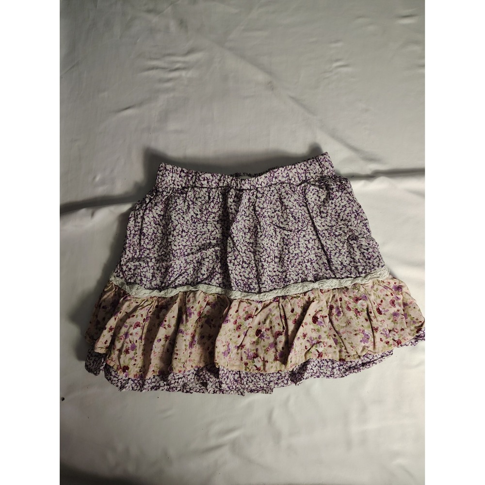 Story of Lola Purple Floral Cotton Mini Skirt Lace Trim Small Boho Cottage